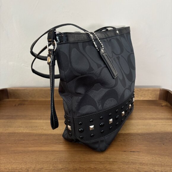 Coach Black Sateen Signature C Black Patent Leather Trim Studded Tote - Picture 2 of 10